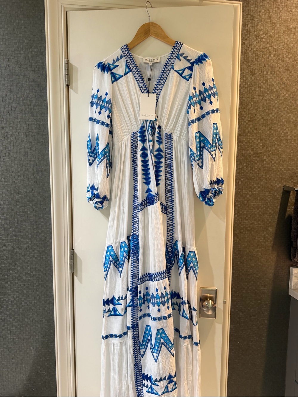 Hale Bob White Maxi Dress with Blue Bohemian Embroidery - Picture 1 of 2